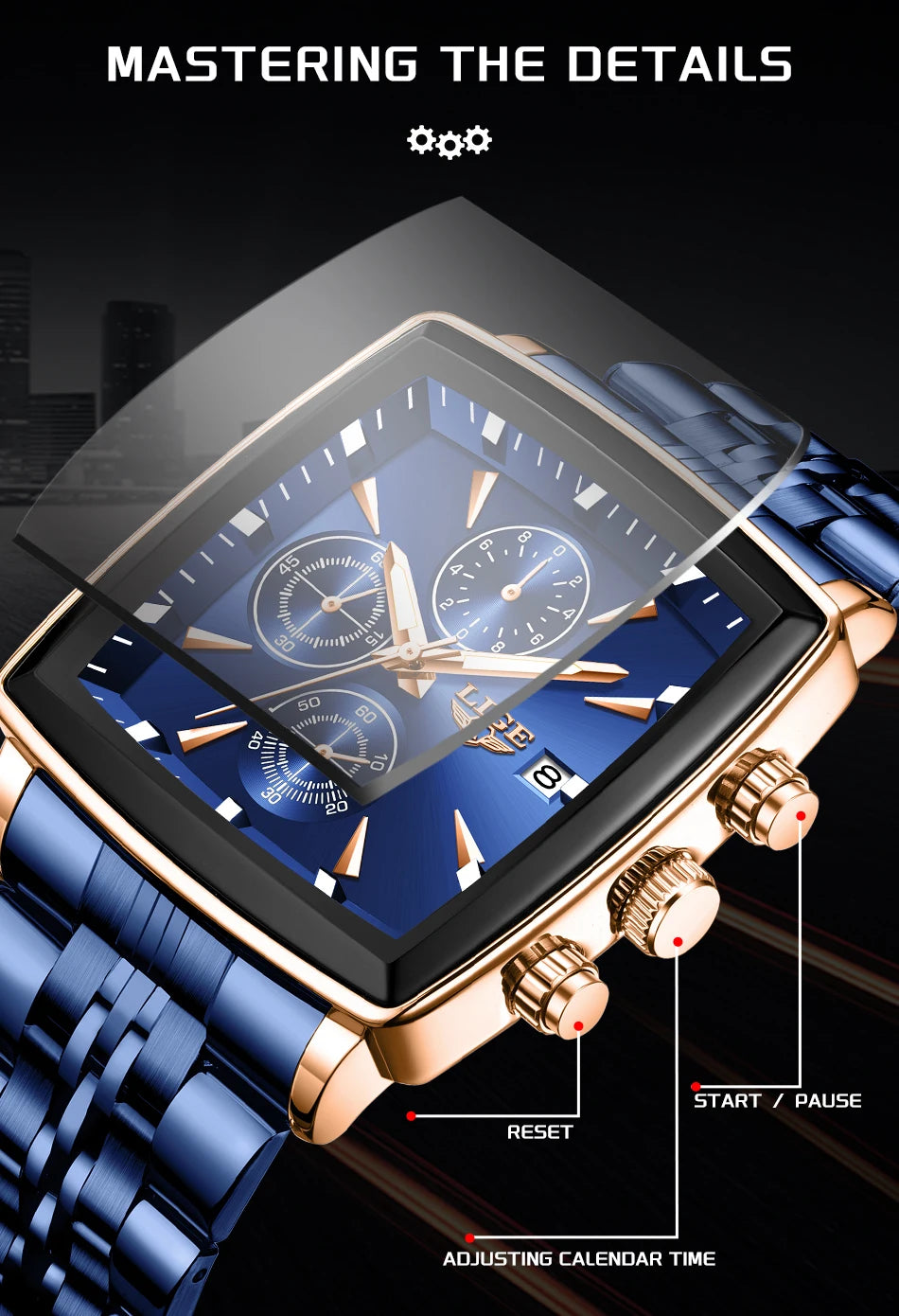 LIGE Top Brand Luxury Mens Watches Fashion Military Square Chronograph Quartz Wristwatches For Men Sports Waterproof Watch Men