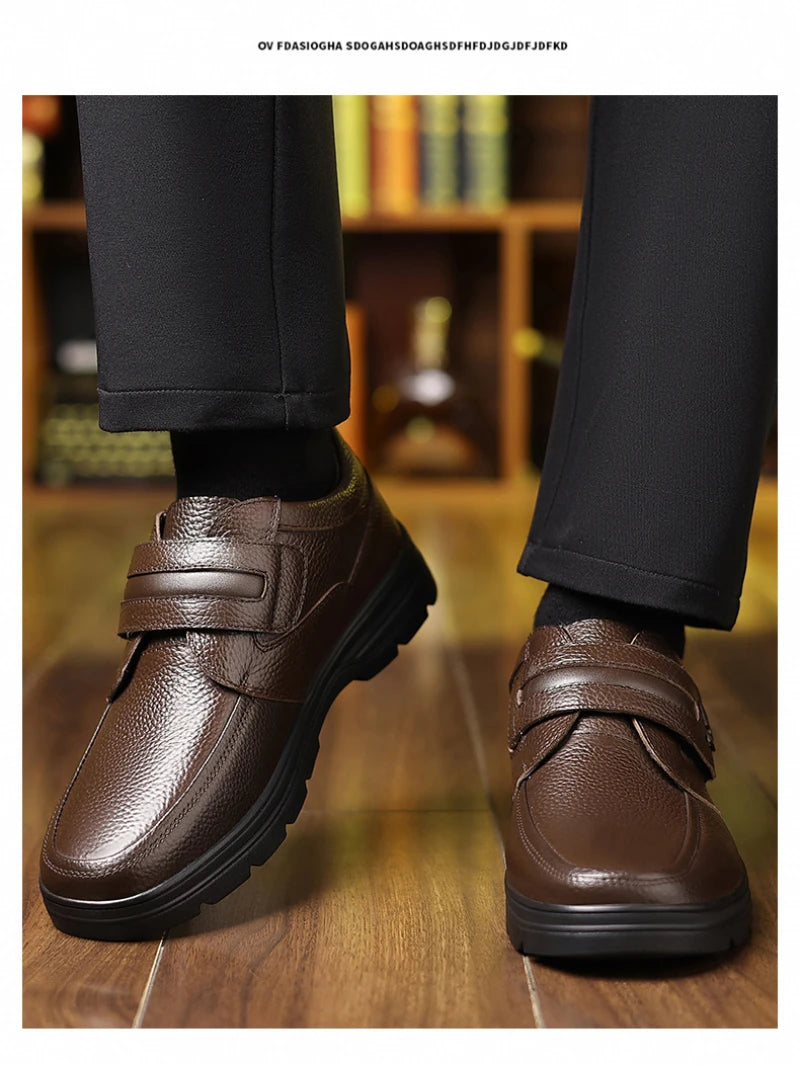 Mens Brown Litchi Grain Genuine Leather Casual Shoes Soft Sole Comfortable Walking Sneakers For Middle Aged Dad And Elderly
