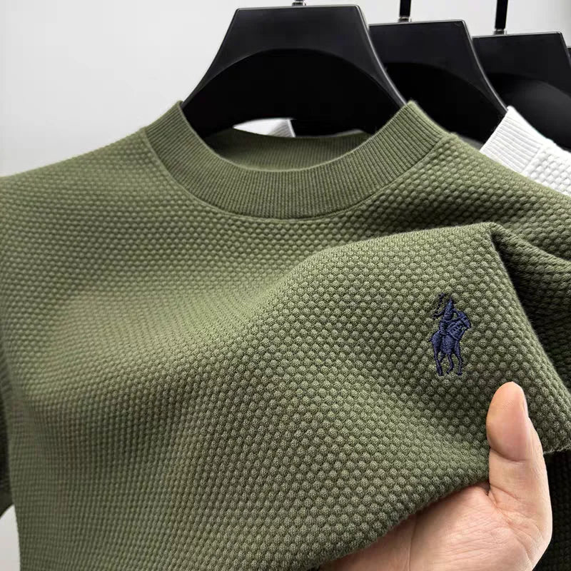 Luxury 100% cotton knitted short sleeve T-shirt high-end brand pony embroidery summer solid color  men's casual round neck top