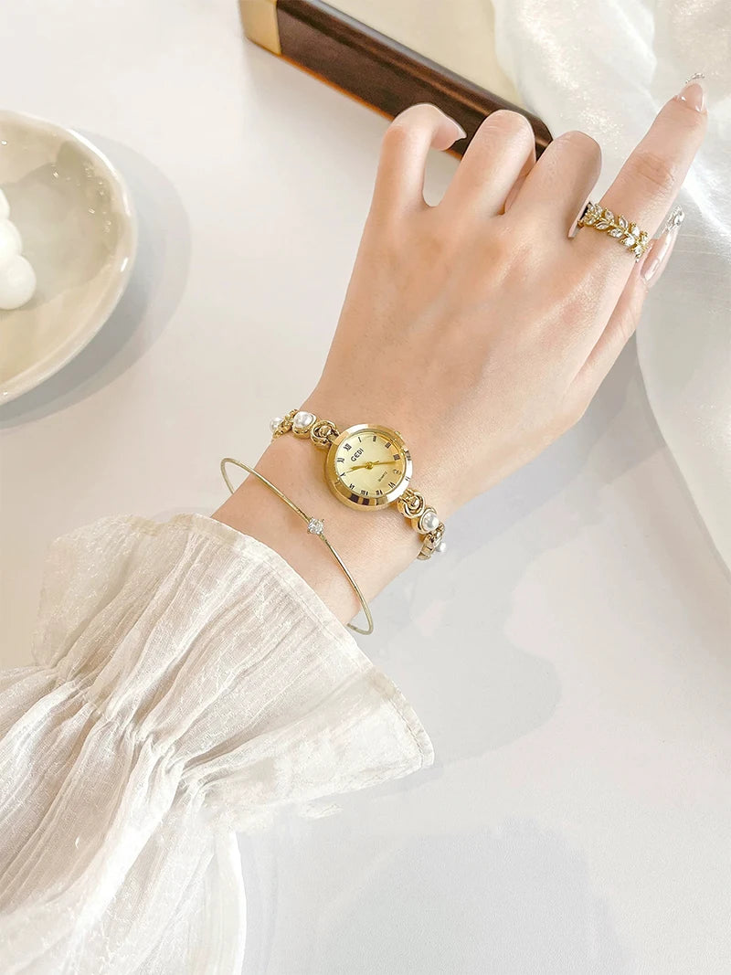 GEDI New Fashion Watch for Women Pearl Chain Temperament Wristwatches Vintage Luxury Elegant Waterproof Quartz Watches Ladies