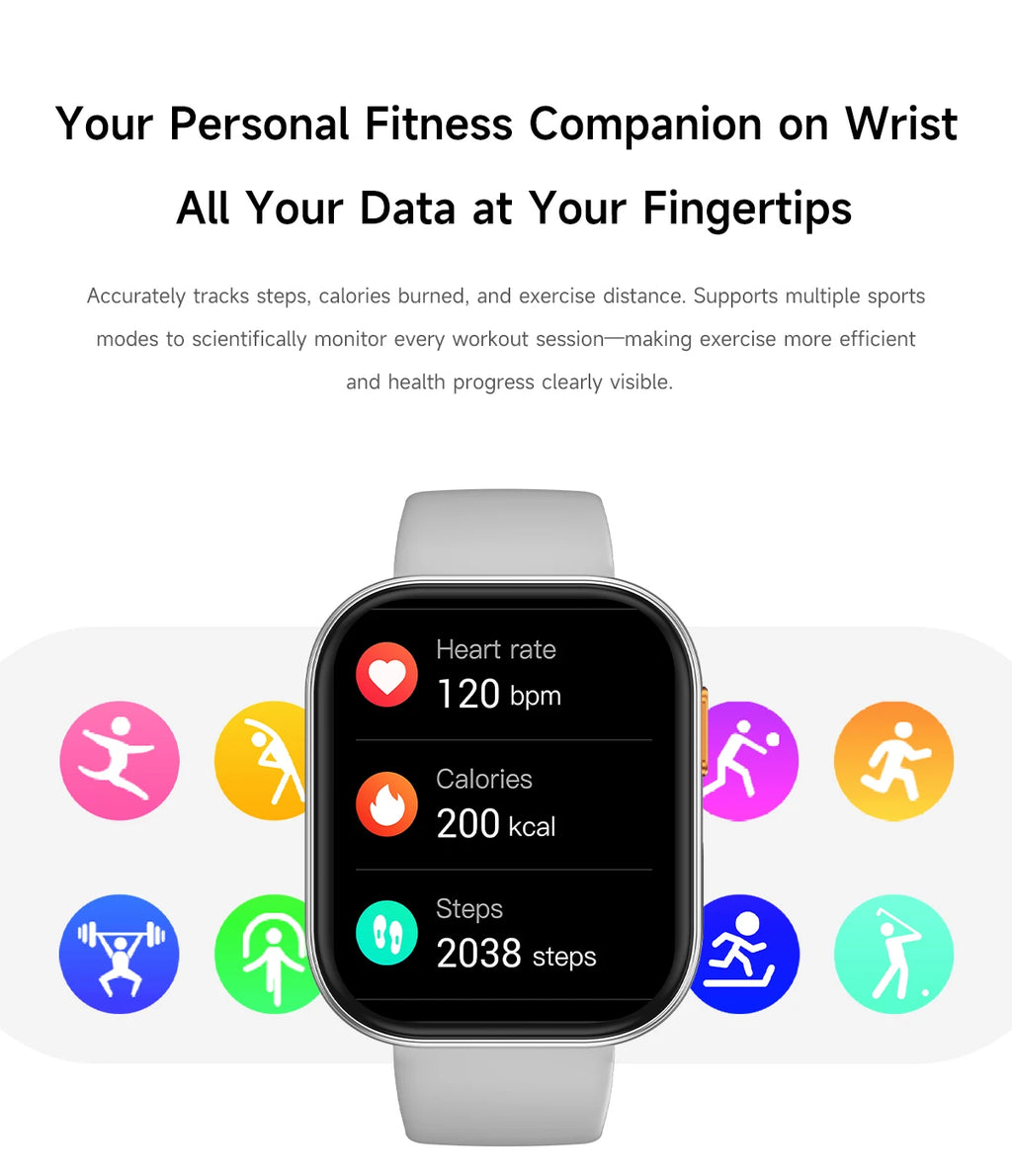 New 1000mAh Large Battery Smartwatch Men Women | 2.04"HD Screen BluetoothCall Heart Rate Monitor Flashlight Sports Fitness Watch