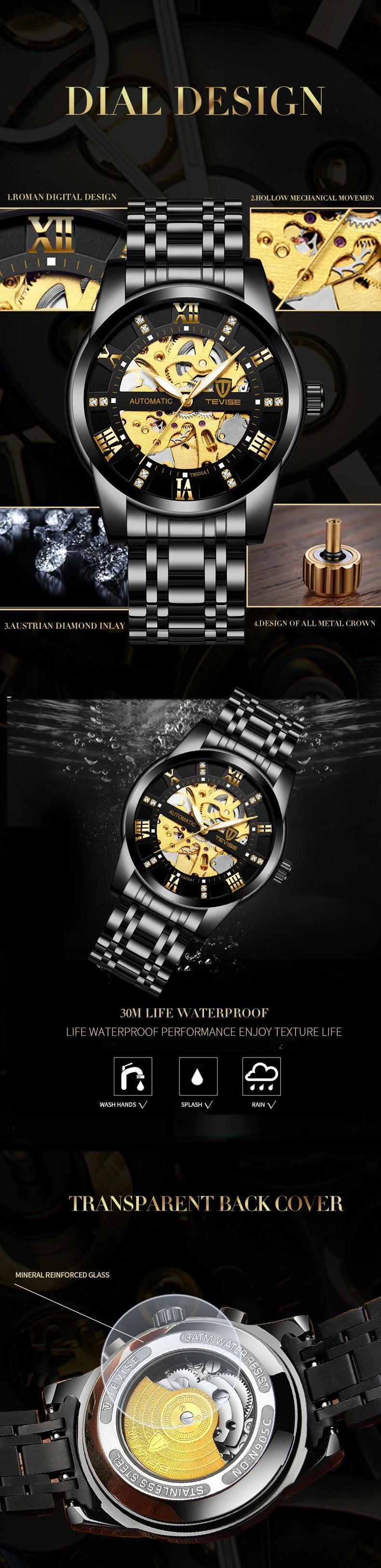 TEVISE  Men Automatic Mechanical Wrist Watch Luxury Brand Stainless Steel Mens Watch Fashion Skeleton Watches