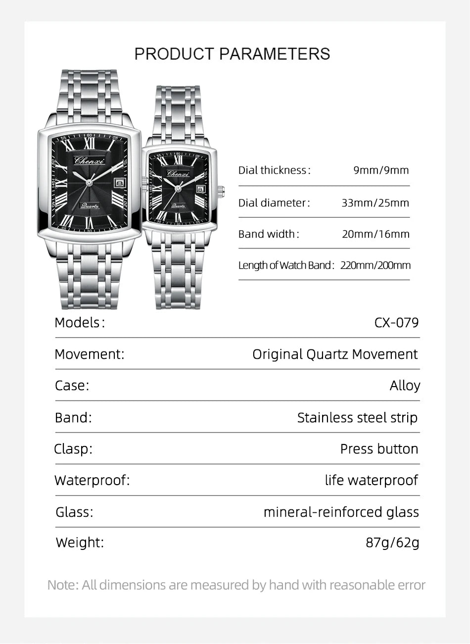 CHENXI Quartz Couple Watches Fashion Casual Rectangle Dial Alloy Man Woman Watch Luminous Calendar Couples Watch