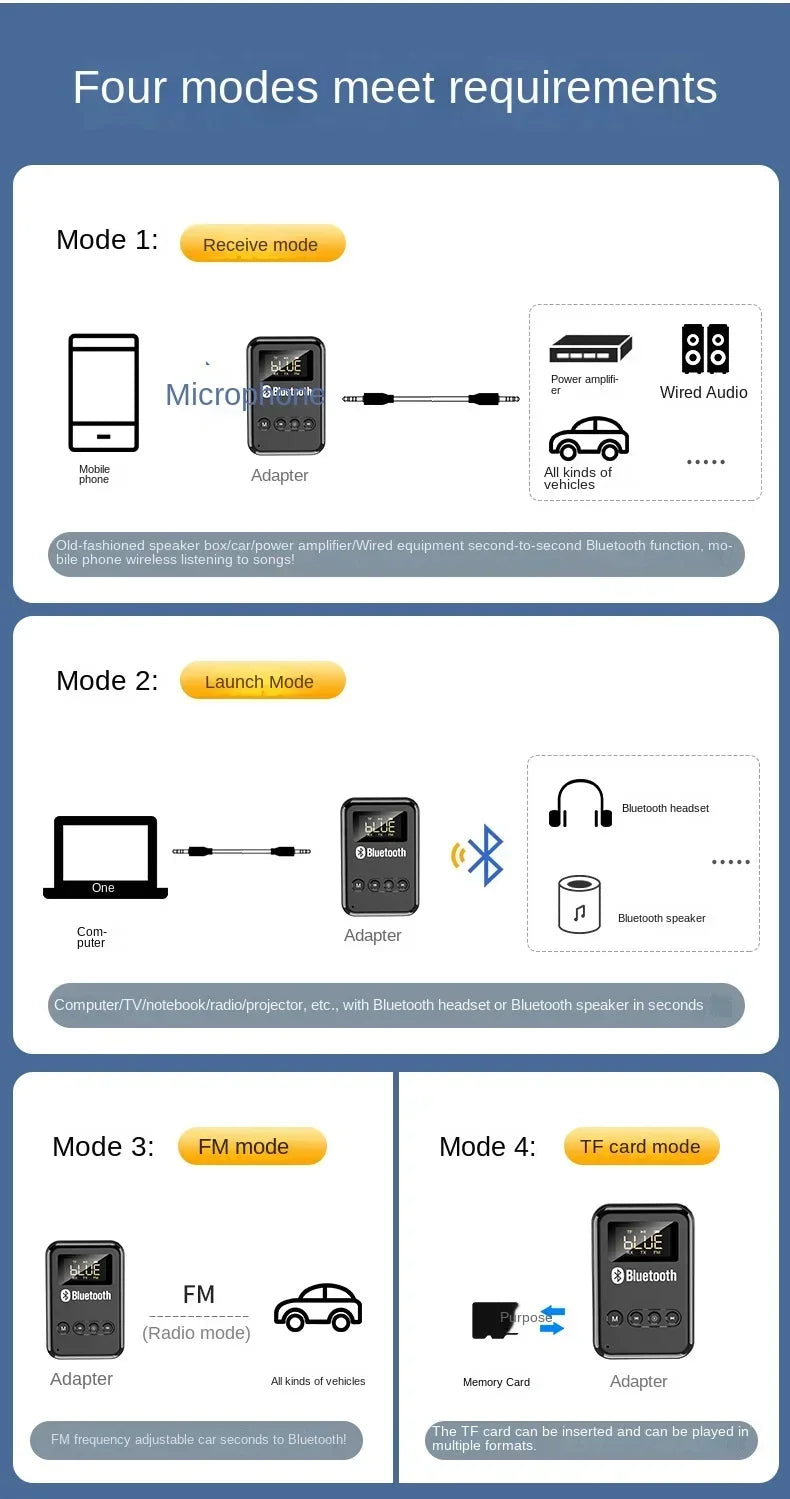 Wireless Audio LED Bluetooth 5.0 Adapter Transmitter Receiver  For Car Music Headphone Speaker, 300mA Battery, Support TF Card