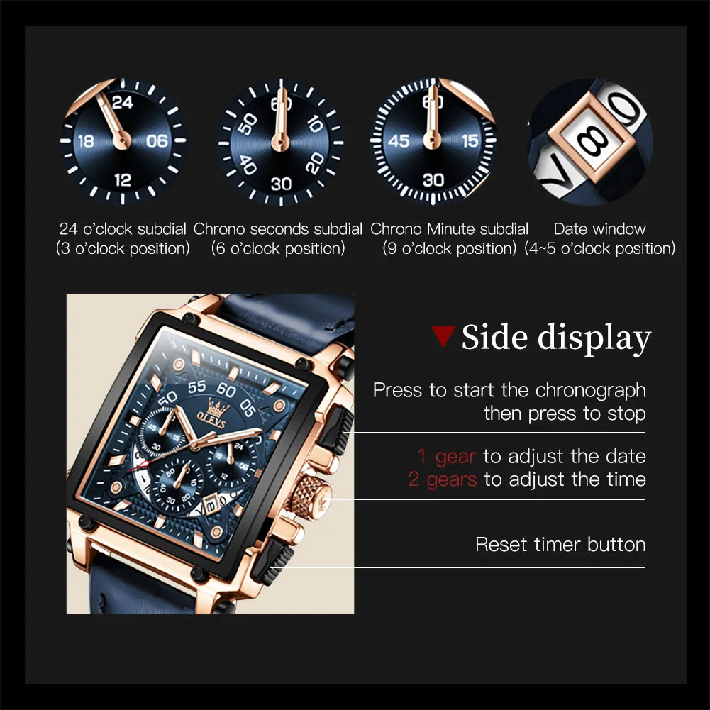 OLEVS 9919 Chronograph Multifunctional Quartz Men's Watch Leather strap 45MM Square Big Dial Leisure Sports TOP Brand Male Watch