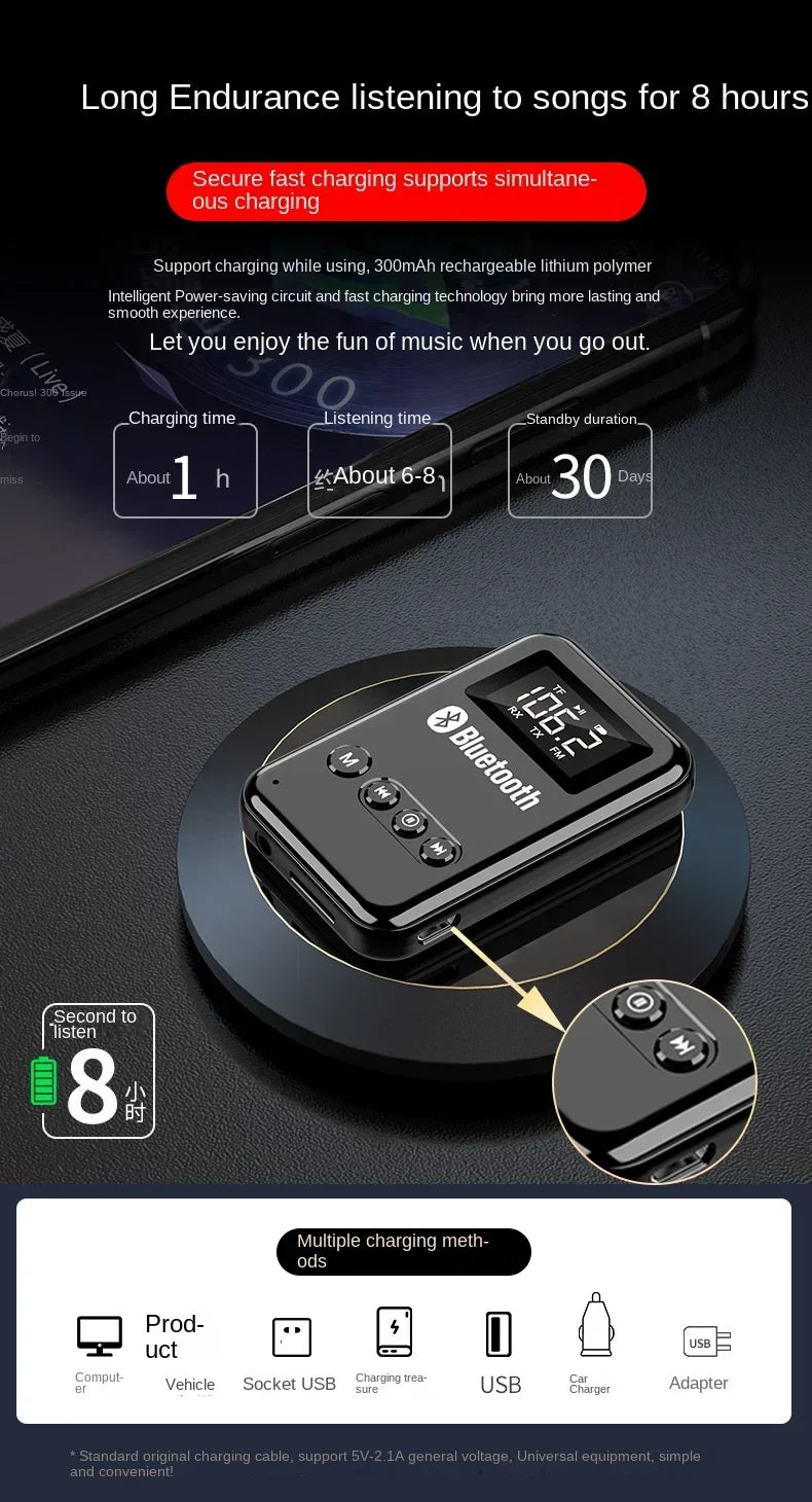 Wireless Audio LED Bluetooth 5.0 Adapter Transmitter Receiver  For Car Music Headphone Speaker, 300mA Battery, Support TF Card