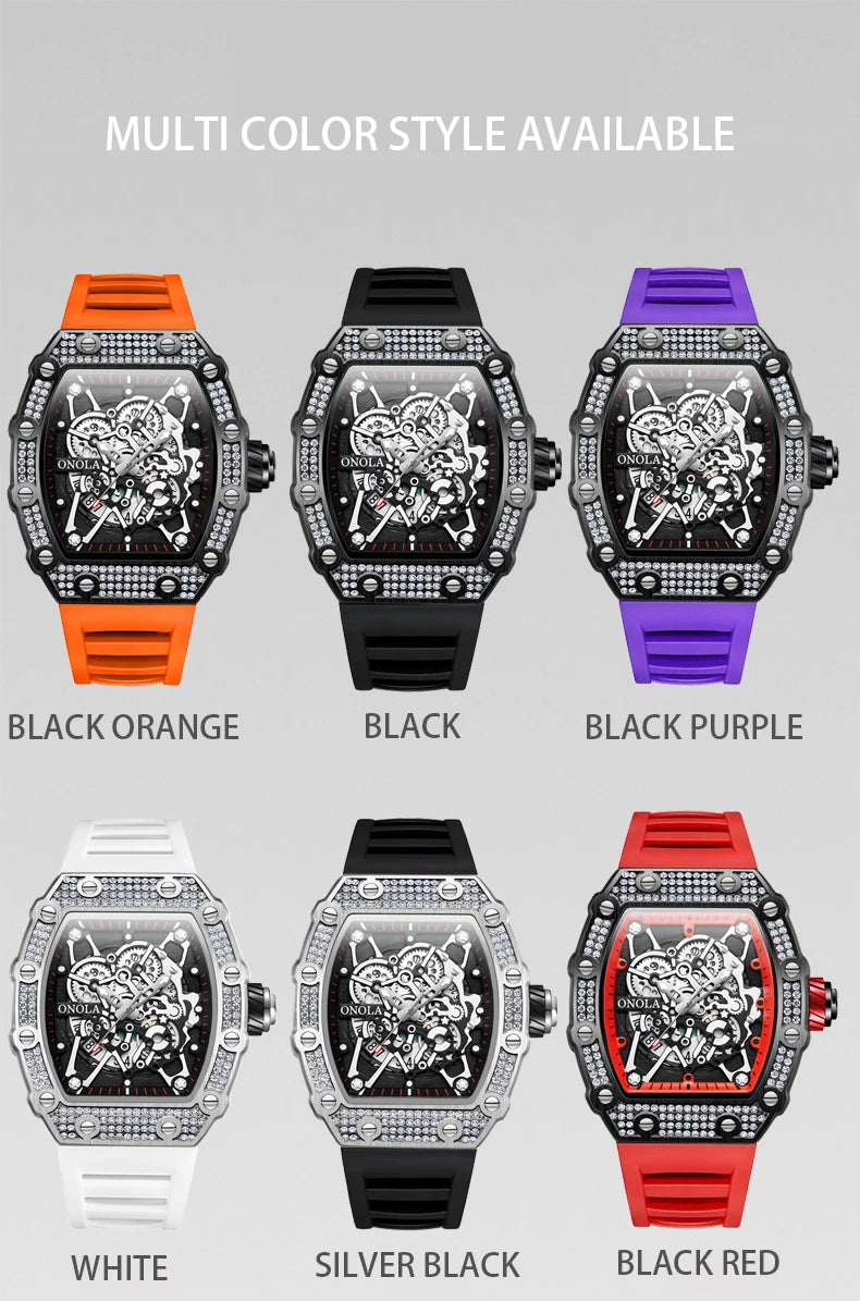 ONOLA Fashion Watch For Men Automatic Date Sports Silicone Strap Tonneau Clock Iced Diamond Quartz WristWatch Reloj Dropshipping