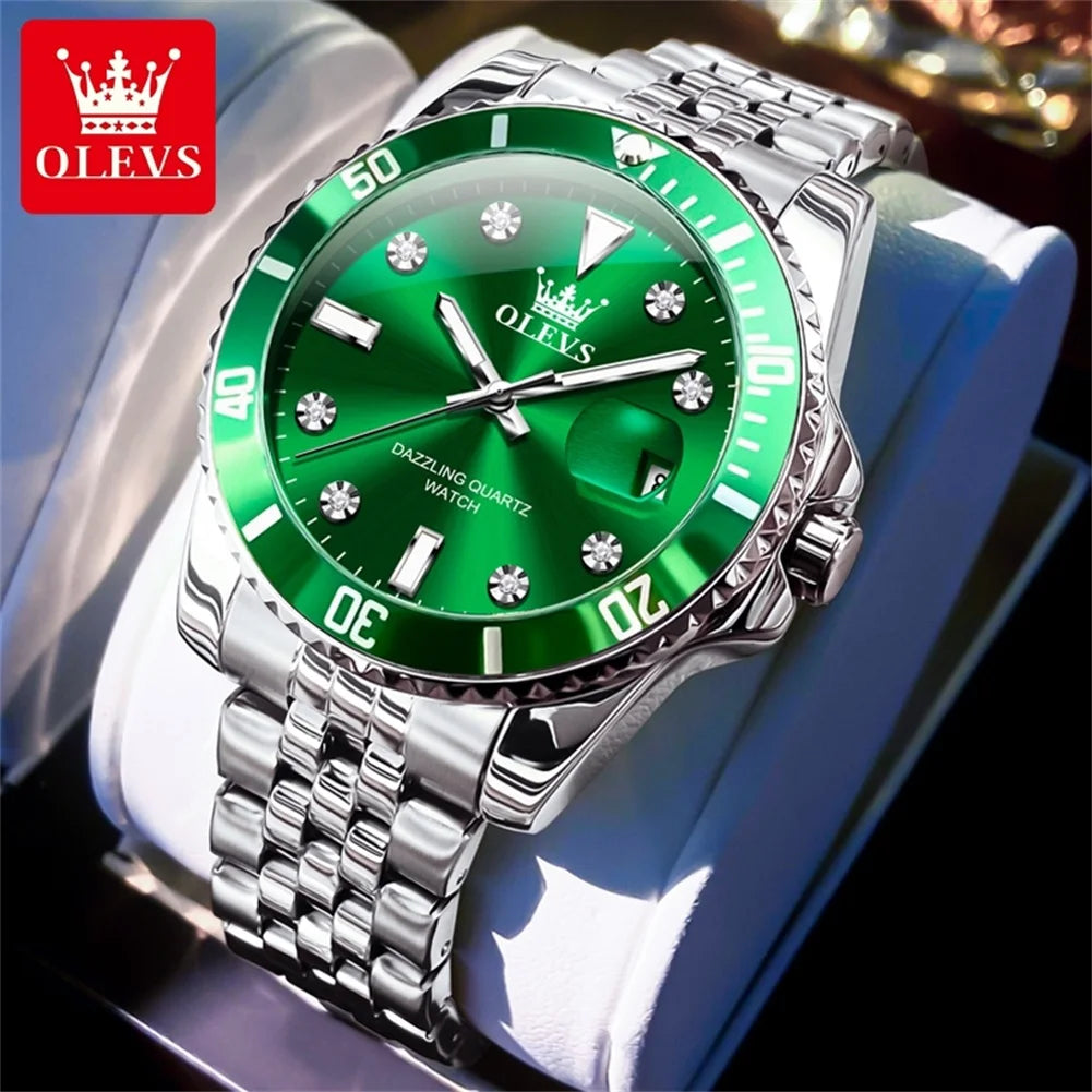 OLEVS 9809 Men Watch Original Waterproof Luminous Stainless Steel Quartz Watch For Men Top Brand Calendar Business Wristwatch