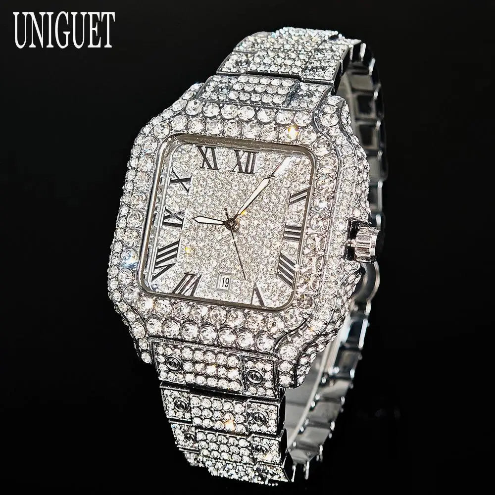 UNIGUET Hot Sale Luxury Iced Watch for Man Fashion Square Watches Men Hip Hop Diamond Bling Jewelry Wristwatch Reloj Hombre