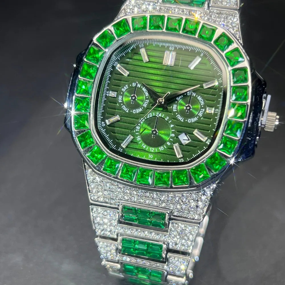 MISSFOX Luxury Watch For Men Green Sliver IcedOut Diamond Hip Hop Quartz Waterproof Clock Men Square Diamond Male Watch 2025 New