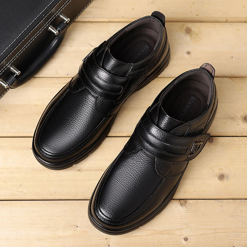 Mens Brown Litchi Grain Genuine Leather Casual Shoes Soft Sole Comfortable Walking Sneakers For Middle Aged Dad And Elderly