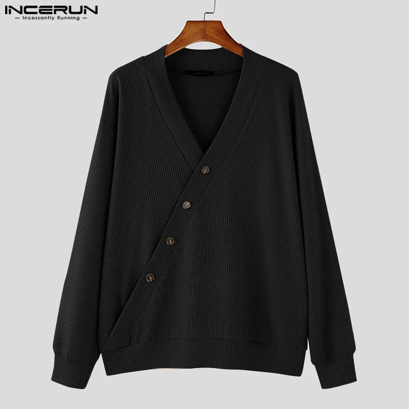 Autumn Stylish Men Tops INCERUN Hot Sale Texture Diagonal Sweater Casual Streetwear Solid V-neck Long Sleeved Sweater S-5XL 2024