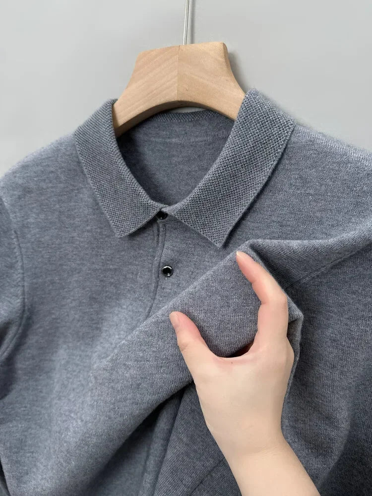 Autumn and Winter New Warm Soft Pullover Men's Business Lapel Knitwear Casual Solid Color Long Sleeve Polo Shirt Office