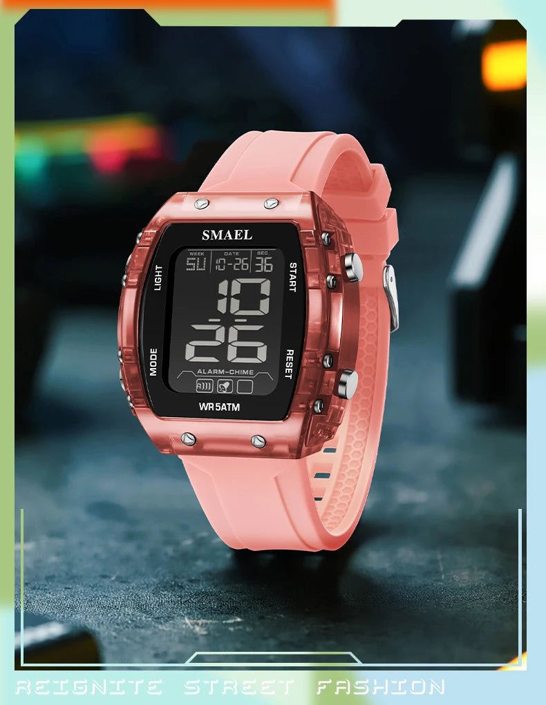SMAEL Watches for Women LCD Digital Movement Silicone Strap Clock Fashion Trend Waterproof Sport Electronic Wristwatches Female