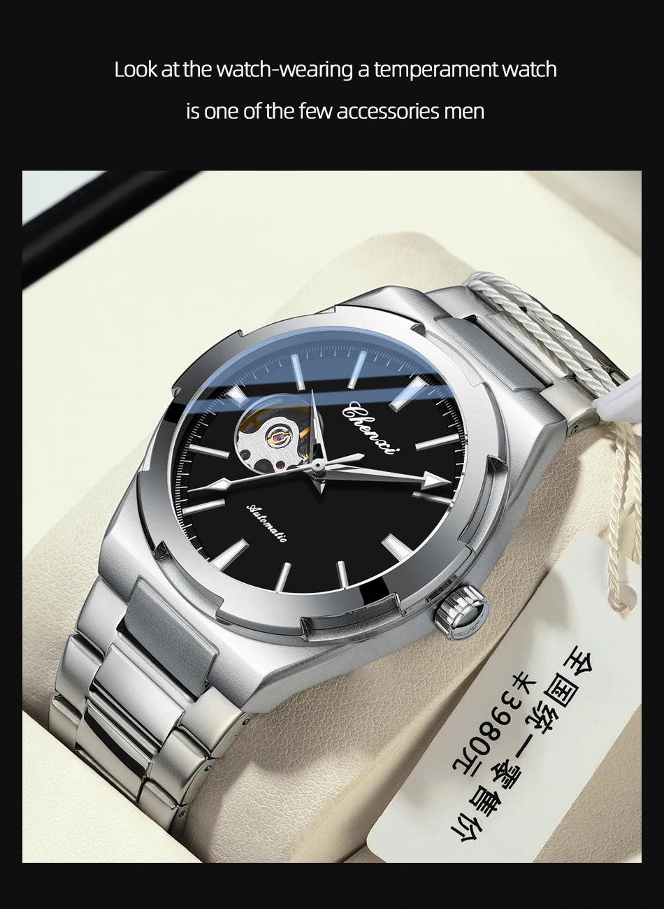 New Mens Watch Mechanical Wristwatches Stainless Steel Fashion Sports Waterproof Watches for Men Hollow Out Automatic Movement