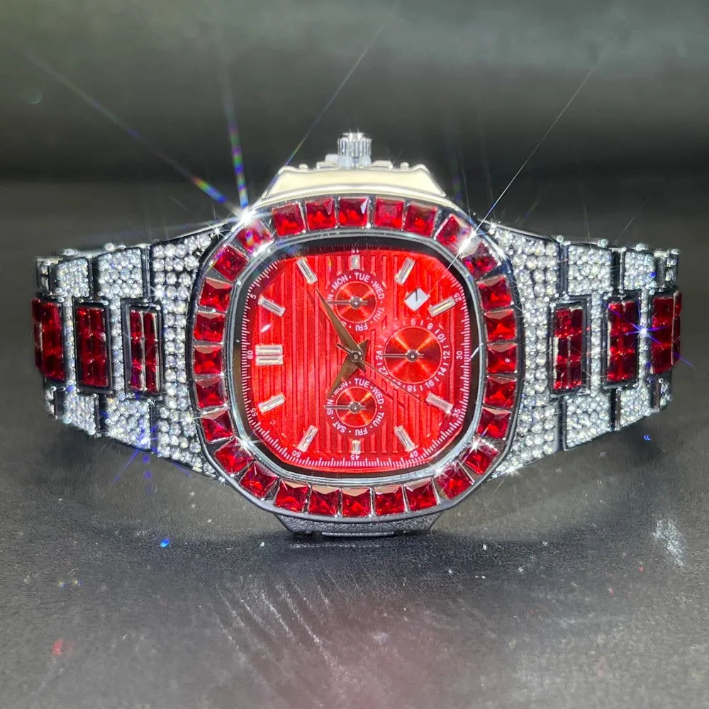 MISSFOX Luxury Watch For Men Green Sliver IcedOut Diamond Hip Hop Quartz Waterproof Clock Men Square Diamond Male Watch 2025 New