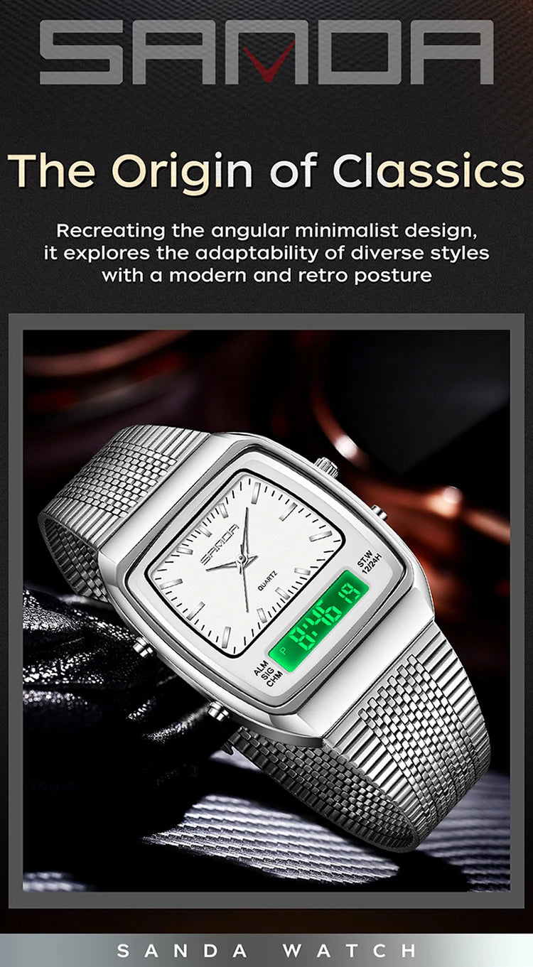 SANDA Outdoor Dual Display Men's Watch Luminous Waterproof TPU Strap Large Dial Chronograph Calendar Sports Wristwatch