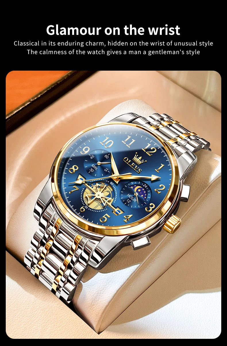 OLEVS 2900 Mens Watch Original Stainless Steel Watches For Men Calendar Moon Phase Quartz Watch Chronograph Freebie Reloj