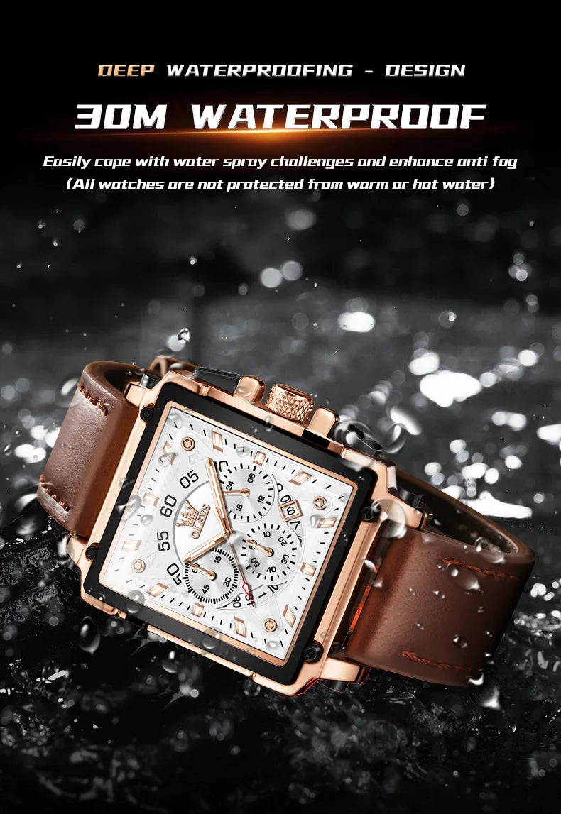 OLEVS 9919 Chronograph Multifunctional Quartz Men's Watch Leather strap 45MM Square Big Dial Leisure Sports TOP Brand Male Watch