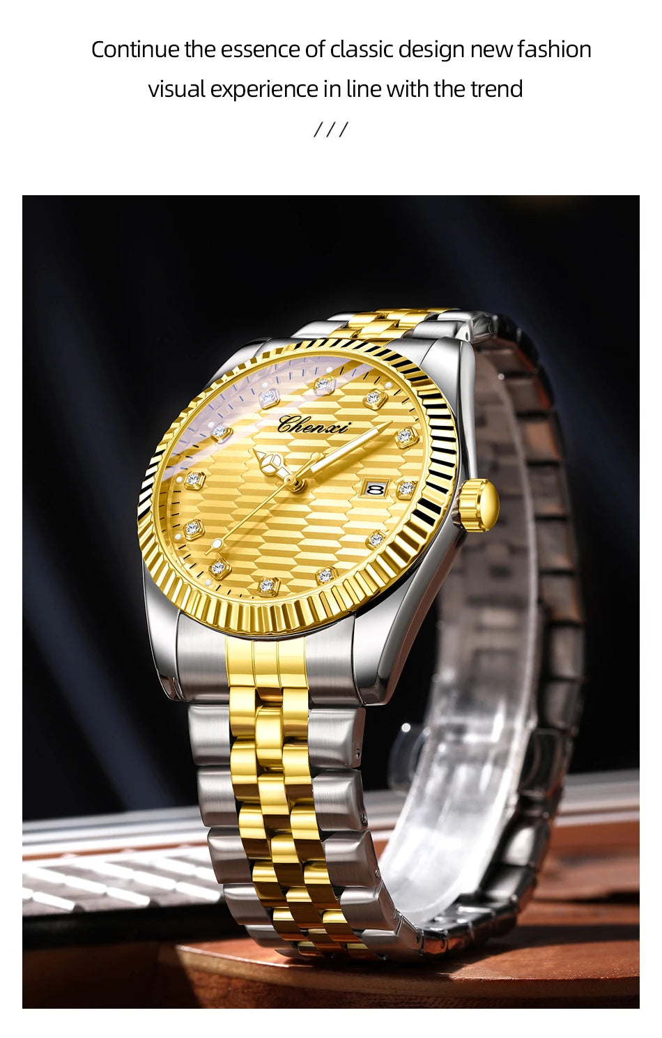 CHENXI Man Watch Classic Fashion Gold Quartz Steel Strap Watches Men Diamond-Set Round Luminous Water-Resistant Date