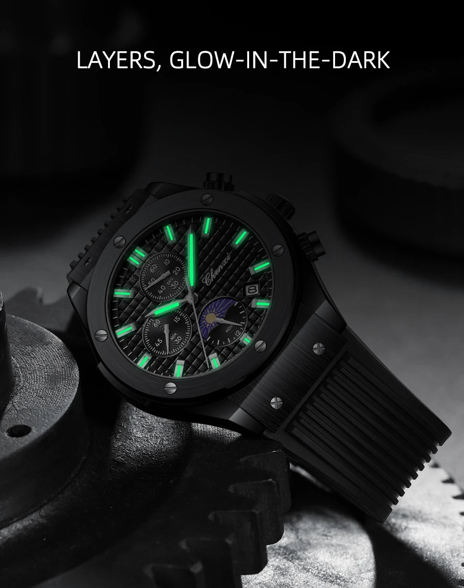 CHENXI Original Watch Quartz Waterproof Sports Watches Men Silicone Strap Chronograph Calendar Multi Functional Wristwatches