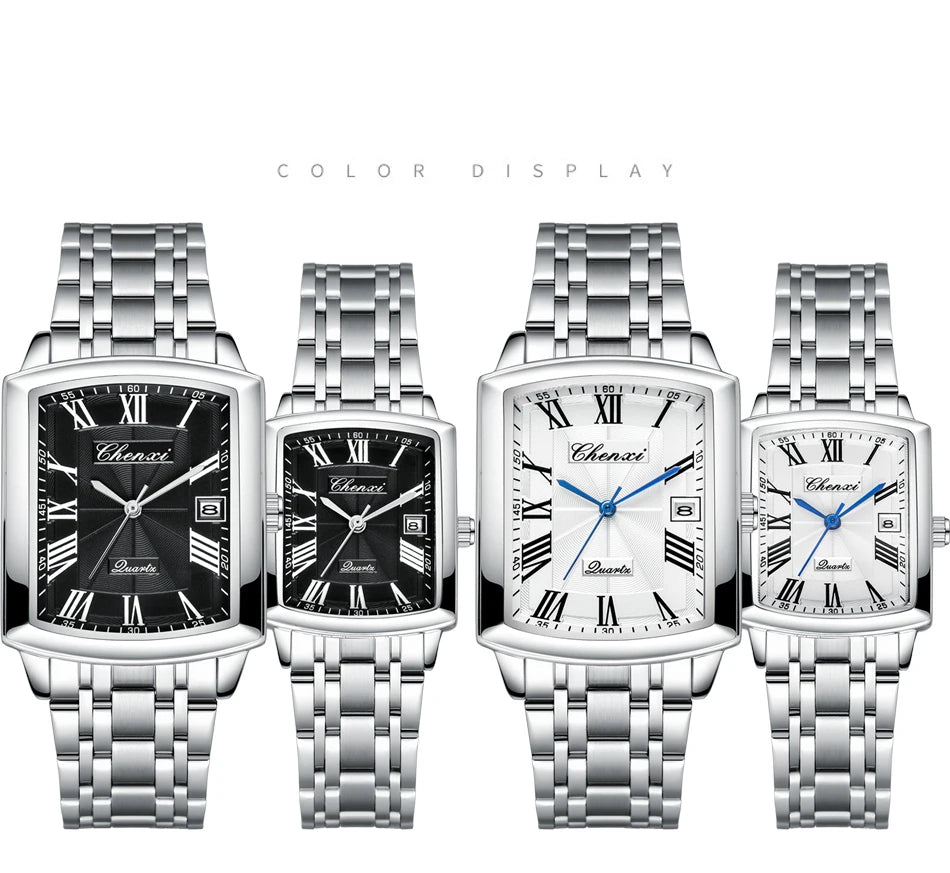 CHENXI Quartz Couple Watches Fashion Casual Rectangle Dial Alloy Man Woman Watch Luminous Calendar Couples Watch