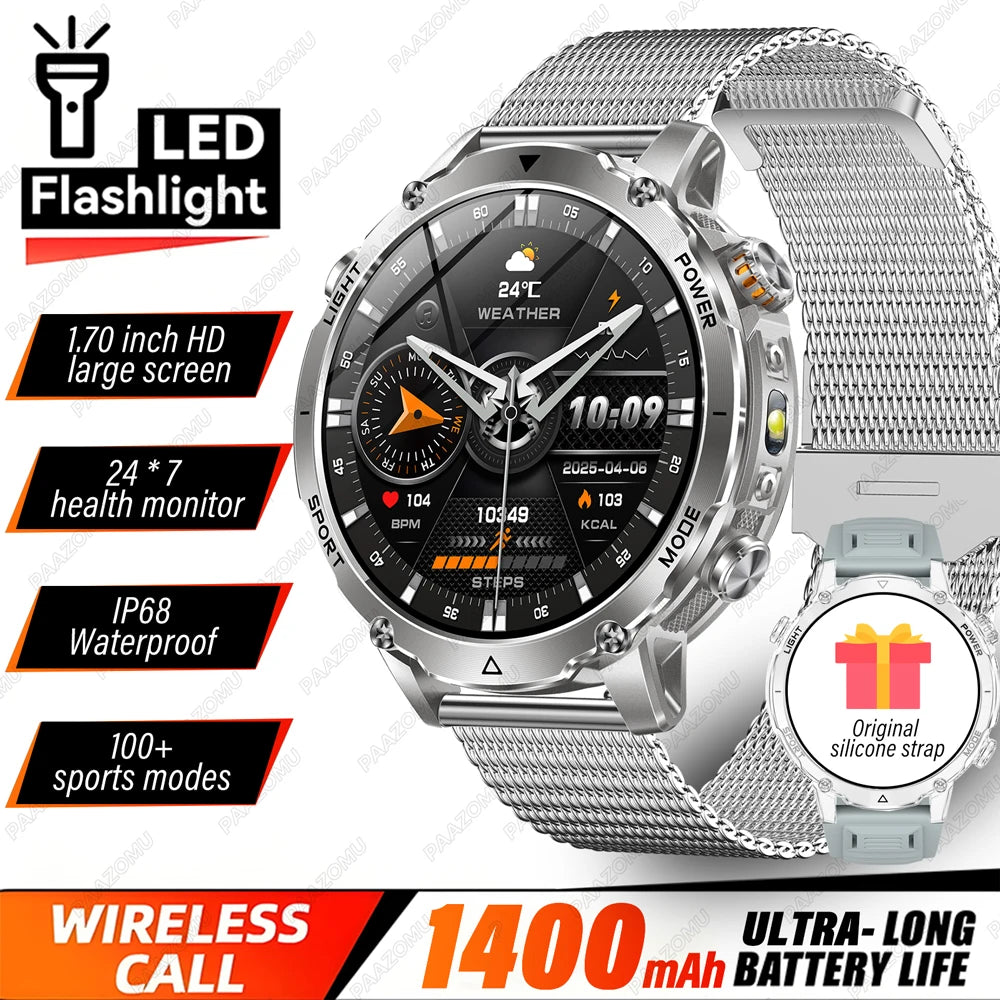 Brand+ Military 1400mAh Battery Smart Watch Men Outdoor Flashlight 10ATM Waterproof Heart Rate Bluetooth Call Sports Bracelets