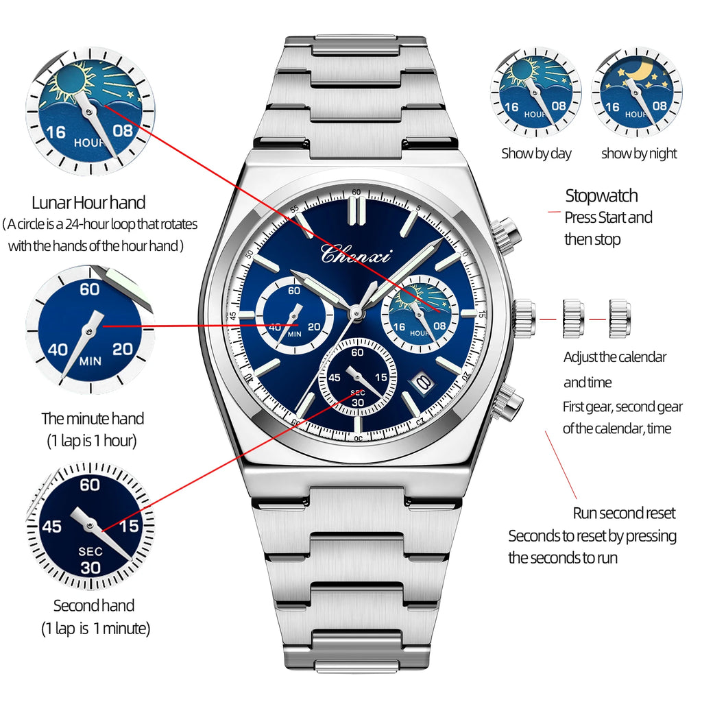 Men's Watches CHENXI 2025 High Quality Sports Chronograph Date Quartz Wristwatch Men's Watch Stainless Steel Waterproof Luminous