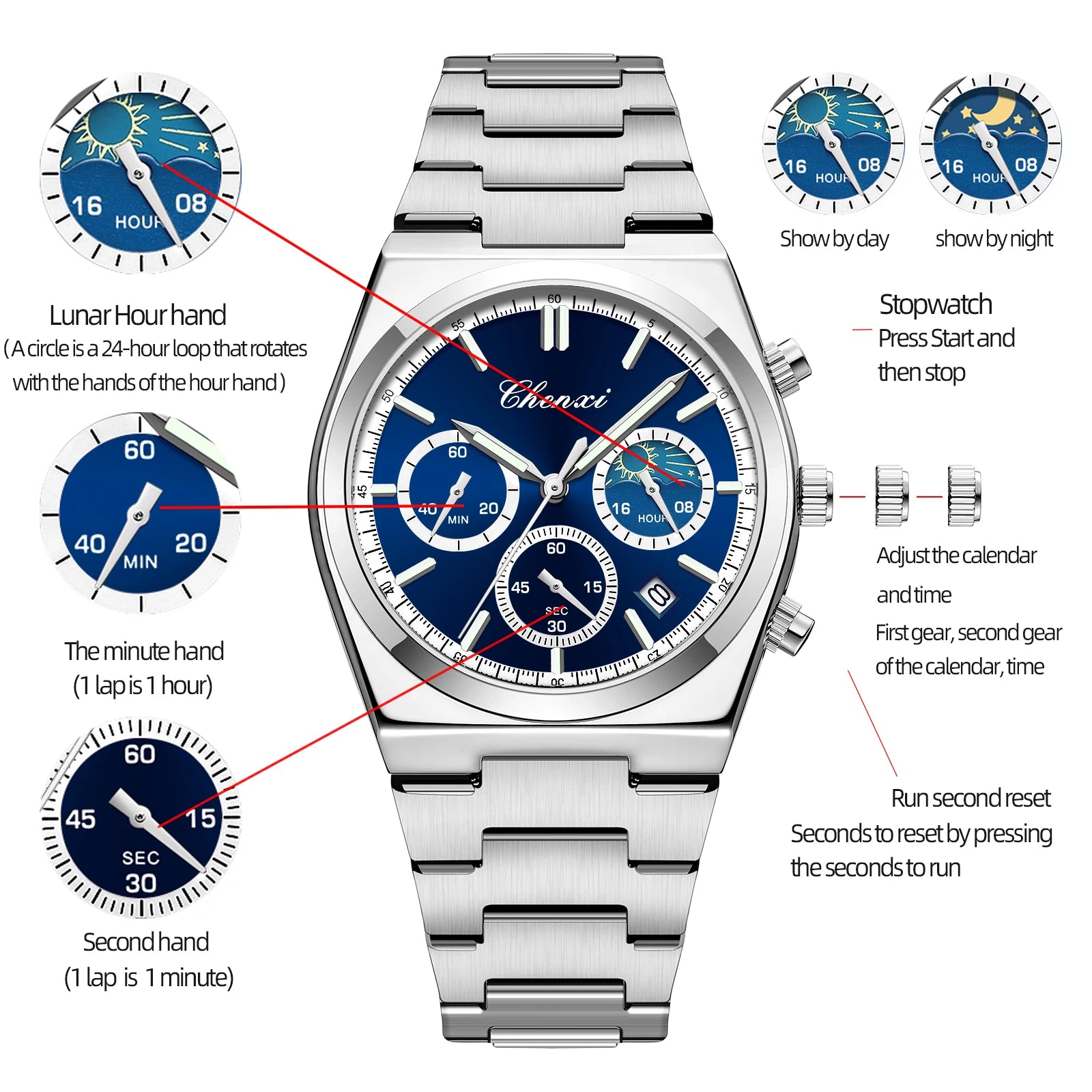 Men's Watches CHENXI 2025 High Quality Sports Chronograph Date Quartz Wristwatch Men's Watch Stainless Steel Waterproof Luminous