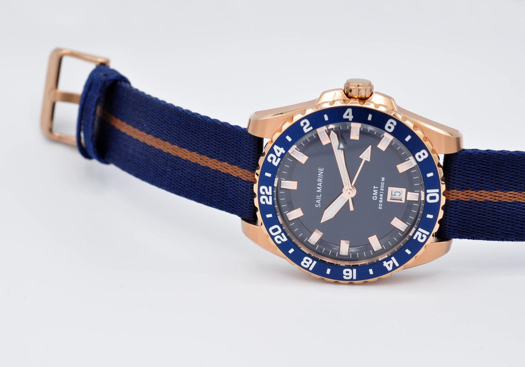 Top Quality Rose Gold Men's Luminous Casual Watch Fabric Strap GMT Quartz Wristwatch Stainless Steel Case 20 Bar Deep Waterproof