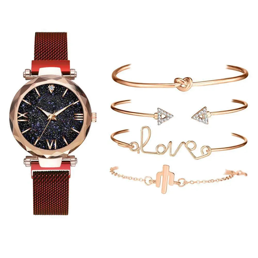 5pcs Set Womens Watches Set Ladies Fashion Watch Black Female New Simple Casual Womens Analog WristWatch Bracelet Gift No Box