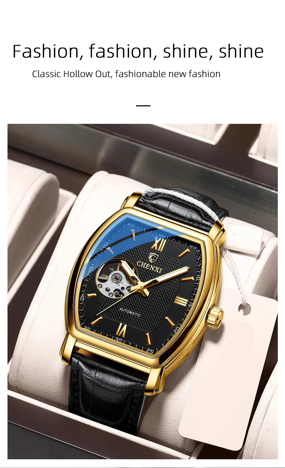 Automatic Mechanical Skeleton Man Watch Fashion Luxury CHENXI Watches For Men Business Leather Waterproof Tonneau Wristwatch