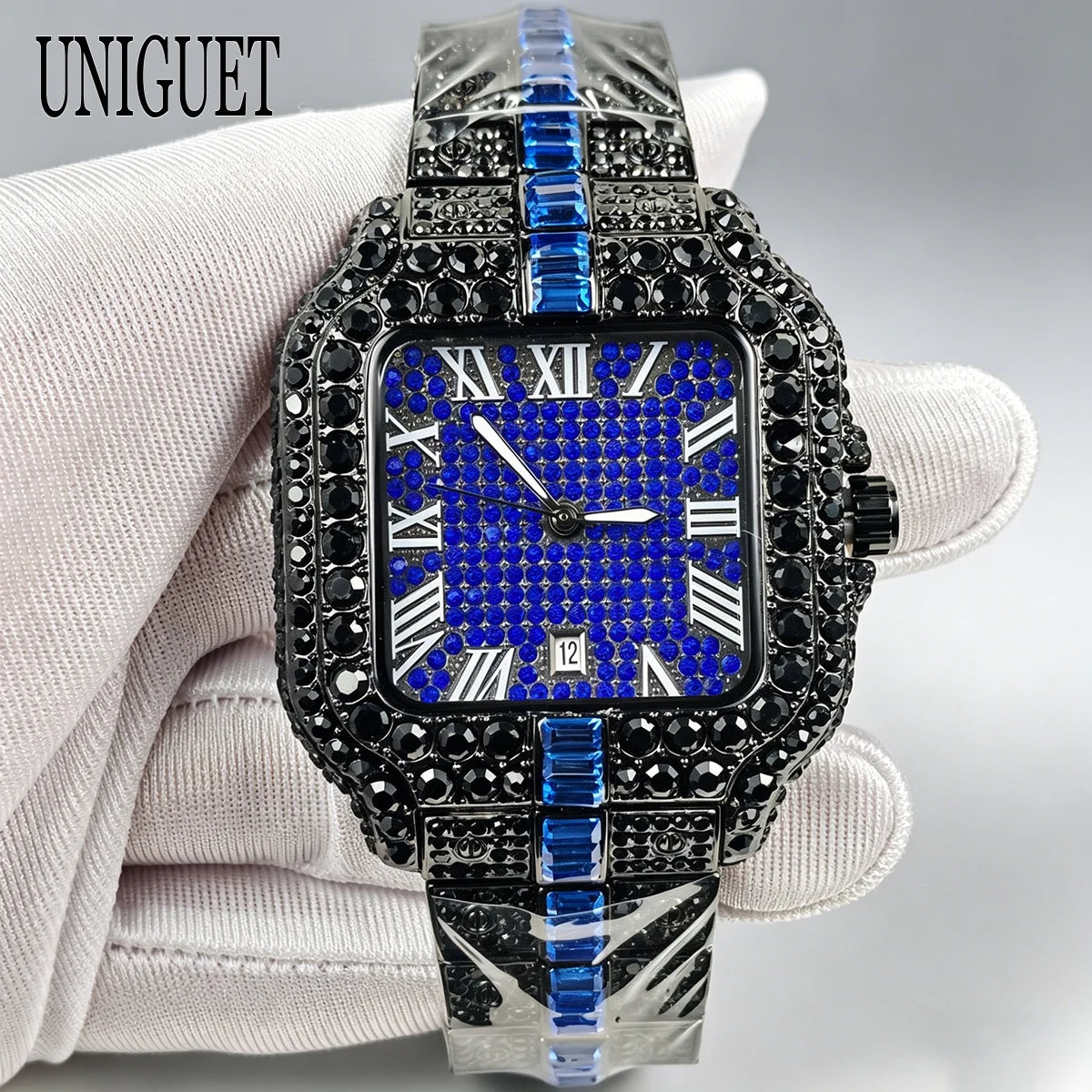 UNIGUET Cool Black Diamond Watch For Men Fashion Hip Hop Green Iced Out Square Quartz Wristwatch With Date Reloj Hombre