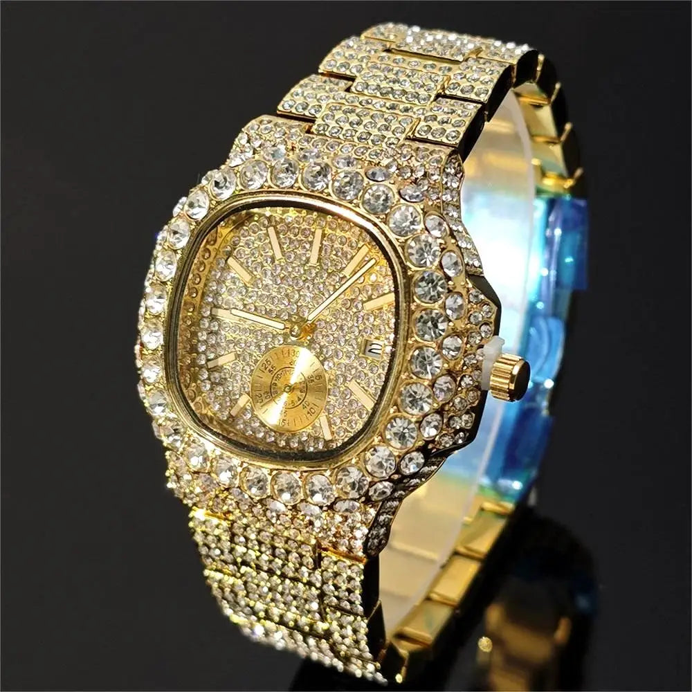 Hot Sell Luxury Iced Watch Mens Fashion Stainless Steel Gold Wristwatch Hip Hop Diamond Bling Jewelry Watch For Man Reloj Hombre