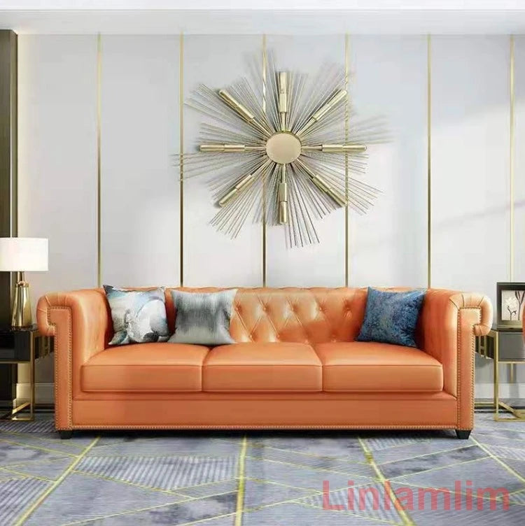 Classic Tufted Couch – Luxury Genuine Leather Chesterfield Sofa 3-Seater with Rolled Arms and Nailhead Trim, for Living Room