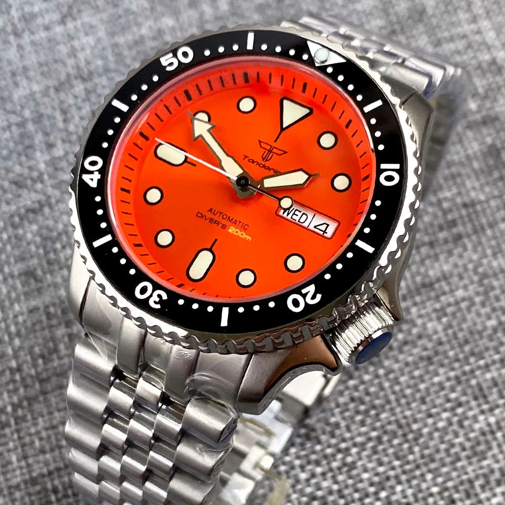 Diving Tandorio NH36 Week Date Steel Mechanical Watch Men 120clicks Bezel Chapter Ring 3.8 Crown 20ATM Waterproof SKX Mod Clock