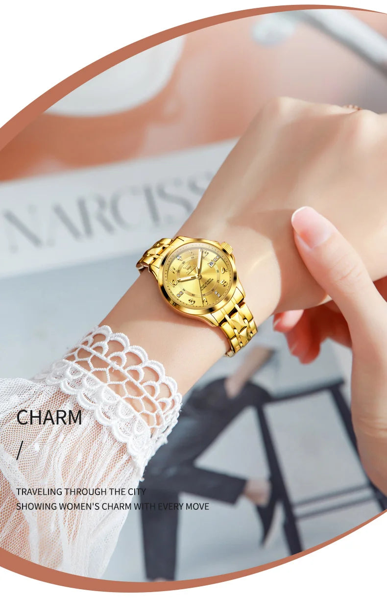 OLEVS 2910 Luxury Men Women Couple Watch Dual Calendar Display Waterproof Stainless Steel Clock Gold Diamond Couple Quartz Watch