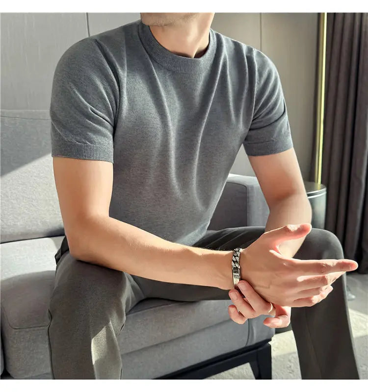High-quality Men's Short-sleeve Knitted Sweater T-shirt O-Neck Solid Color Men Pullover T Shirts Slim Fit Stretch Undershirt Top