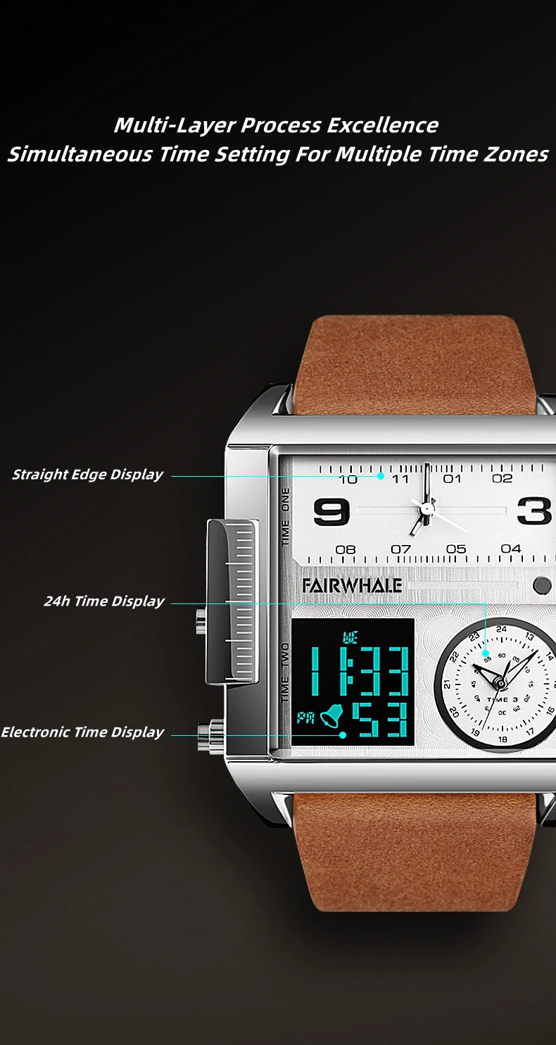 Mark Fairwhale Luxury Quartz Watches Men Fashion Brown Leather Strap Clock Military Waterproof Square Electronic WristWatch Man