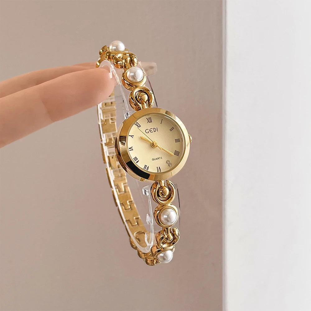 GEDI New Fashion Watch for Women Pearl Chain Temperament Wristwatches Vintage Luxury Elegant Waterproof Quartz Watches Ladies