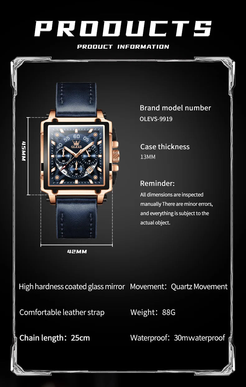 OLEVS 9919 Chronograph Multifunctional Quartz Men's Watch Leather strap 45MM Square Big Dial Leisure Sports TOP Brand Male Watch
