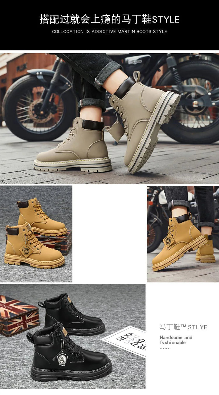 High Top Boots Men's Leather Shoes Fashion Motorcycle Ankle Boots for Men Winter Boots Man Shoes Lace-Up Botas Men Flat Sneakers