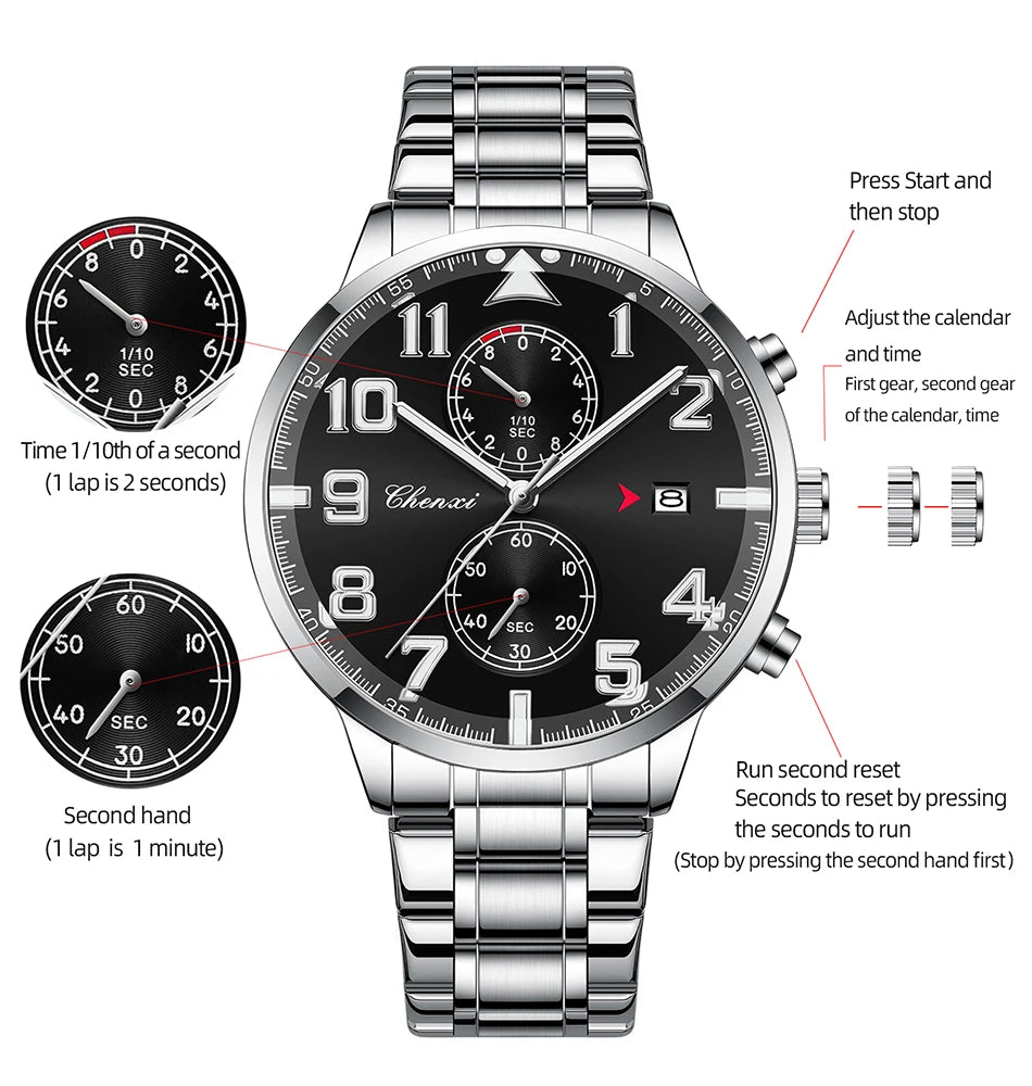 Fashion Luxury Business Men's Wristwatch Round Dial Luminous Waterproof Calendar Chronograph Man Watch