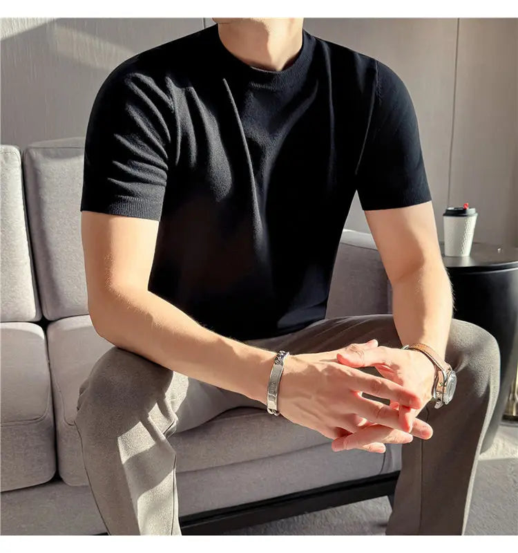 High-quality Men's Short-sleeve Knitted Sweater T-shirt O-Neck Solid Color Men Pullover T Shirts Slim Fit Stretch Undershirt Top