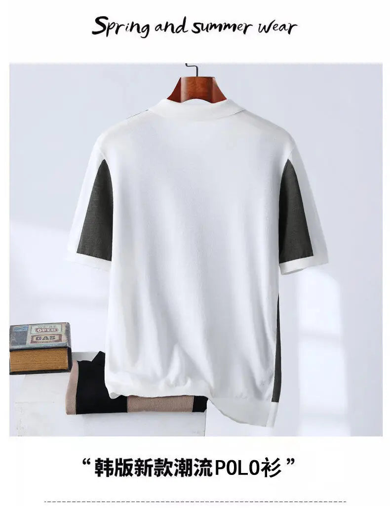 High-quality Color Blocked Striped Knitting Men's Polo Shirts Summer Thin Ice Silk Breathable Lapel T-shirt Business Casual Tees