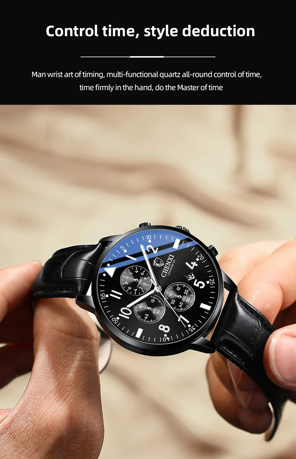 2025 New CHENXI Man Watch 43mm Classic Sports Chronograph Waterproof Luminous Quartz Men's Watches Leather Strap