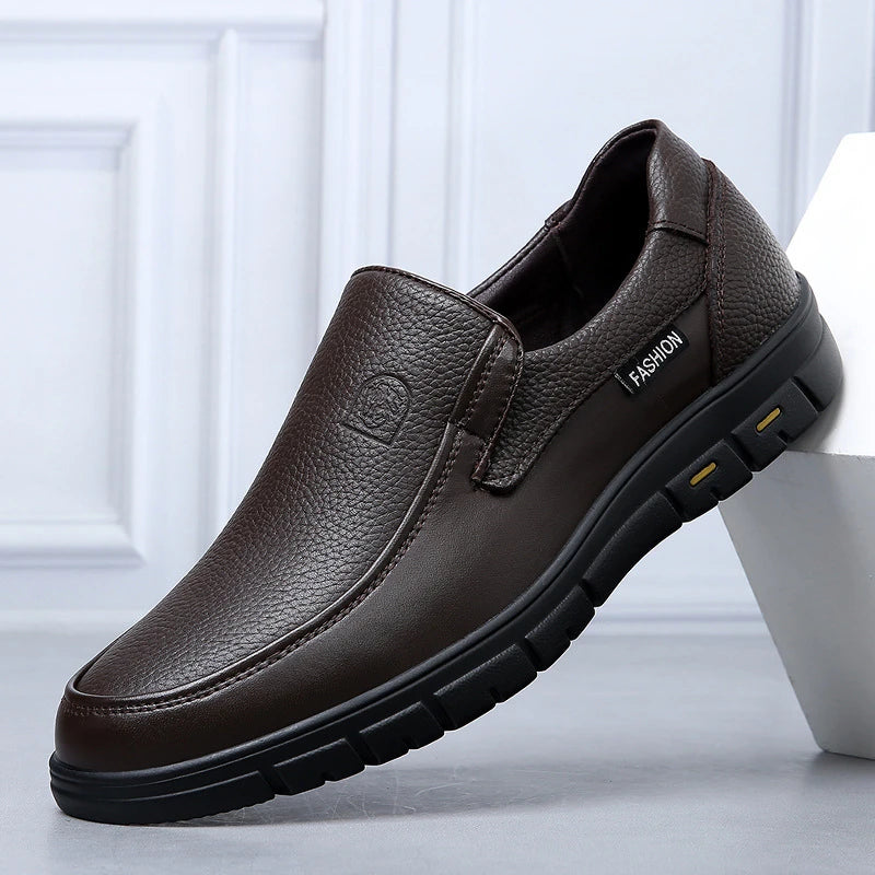Mens Black Genuine Leather Slip On Loafers Soft Cushioned Sole Comfortable Business Casual Shoes For Middle Aged Dad Daily
