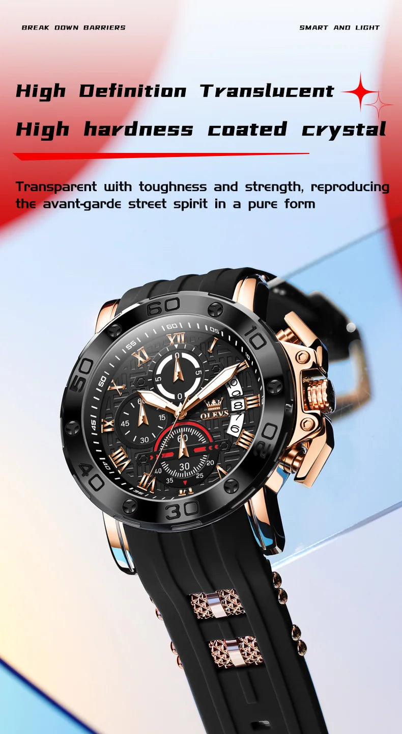 OLEVS 51mm Large Dial Quartz Watch for Men Silicone Strap Waterproof Luminous Auto Date Chrono Roman Numeral Scale Men's Watches