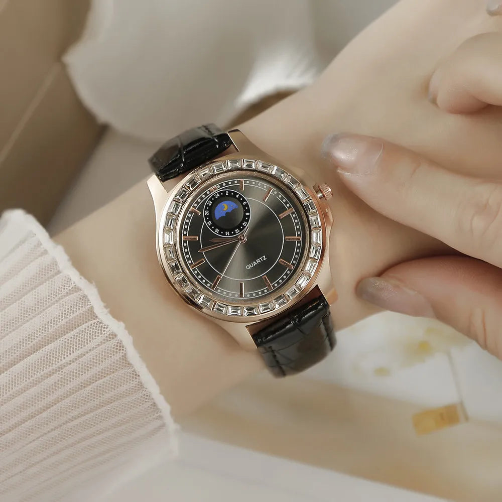 Luxury Large Dial Diamond Ladies Branded Quartz Watch Fashion 2025 Black Leather Women's Simple Dress Clock Gift Watches