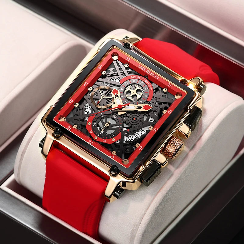 2025 New LIGE Men Watches Top Brand Luxury Hollow Square Sport Watch For Men Fashion Silicone Strap Waterproof Quartz WristWatch